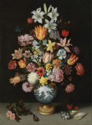 A Still Life of Flowers in a Wan-Li Vase on a Ledge with further Flowers Shells and a Butterfly