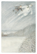 The Boy and The Snowman can be seen flying up into the night sky