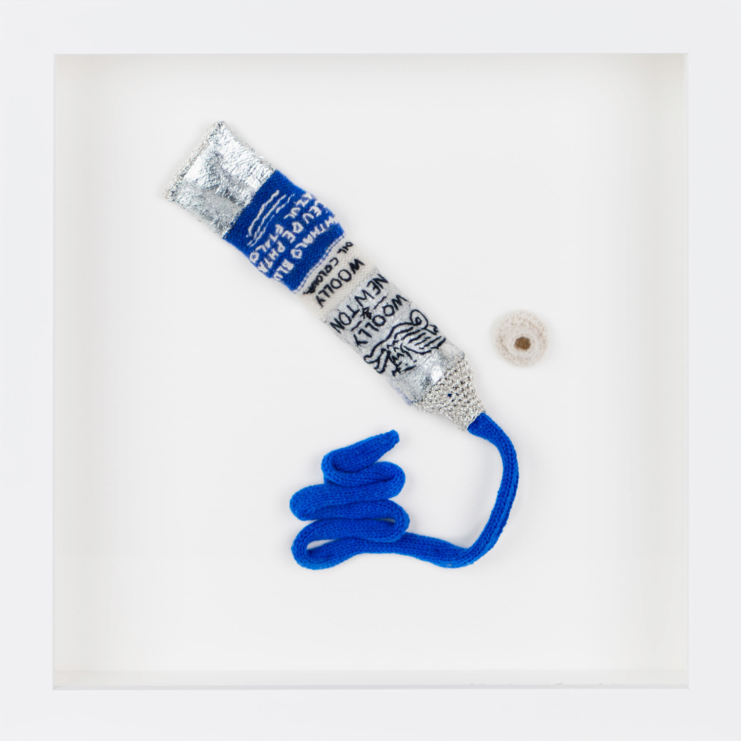 Phthalo Blue ‘Woolly & Newton’ limited edition knitted paint tube by Kate Jenkins