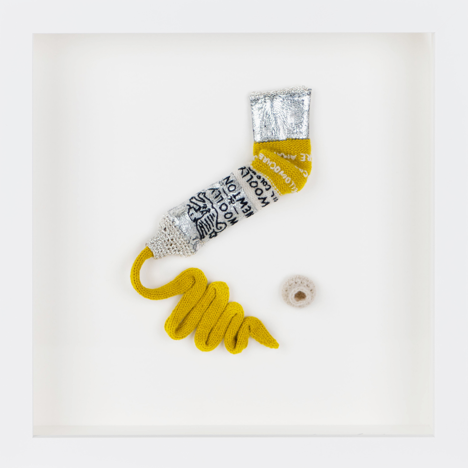 Yellow Ochre ‘Woolly & Newton’ limited edition knitted paint tube by Kate Jenkins