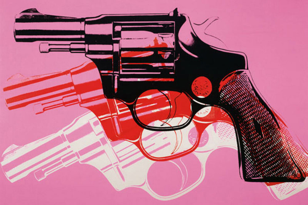 Gun, c.1981-82 (black, white, red on pink) Art Print by Andy Warhol 