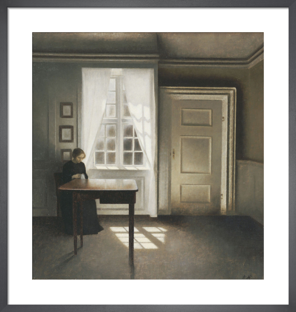 A Woman Sewing in an Interior Art Print by Vilhelm Hammershoi